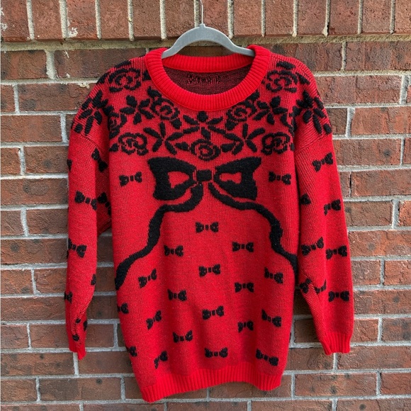 Vintage 90s 80s Red Bow Knit Sweater Size Large Women’s - Picture 1 of 4
